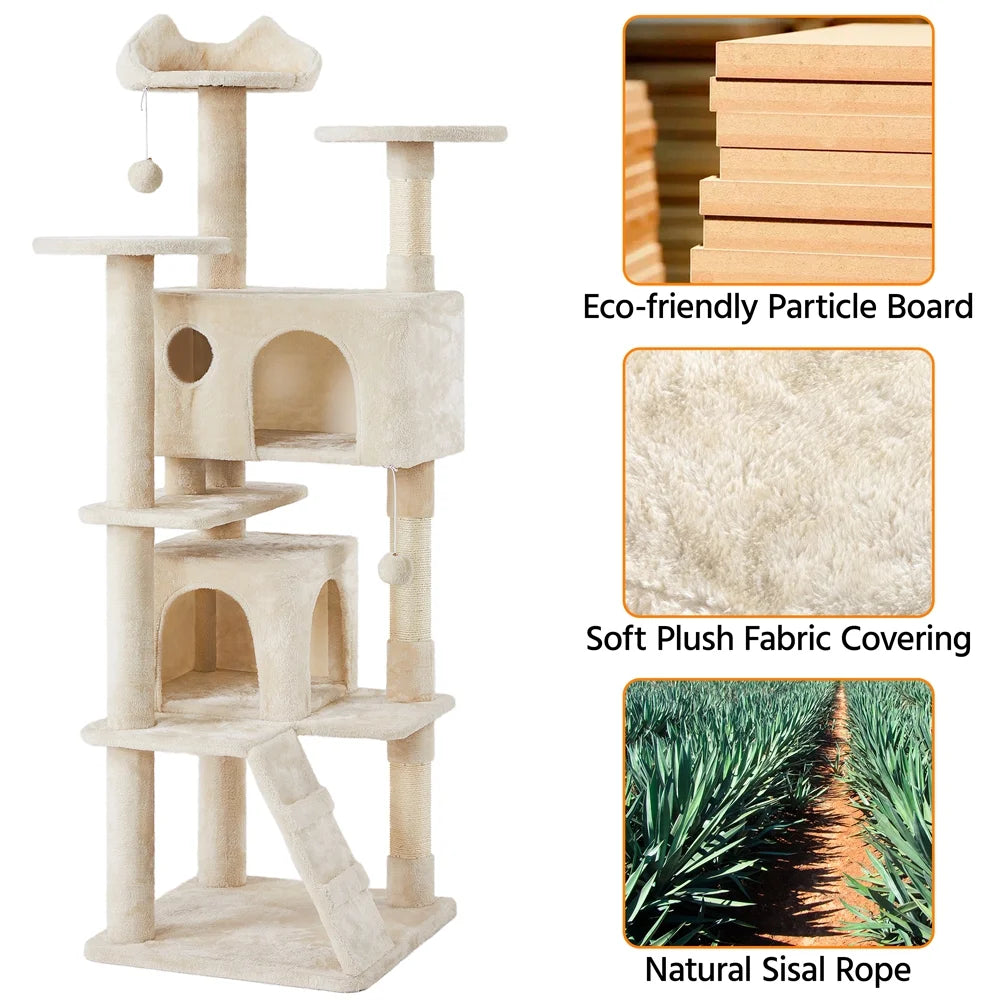 70" Multilevel Cat Tree with Double Condo - Beige