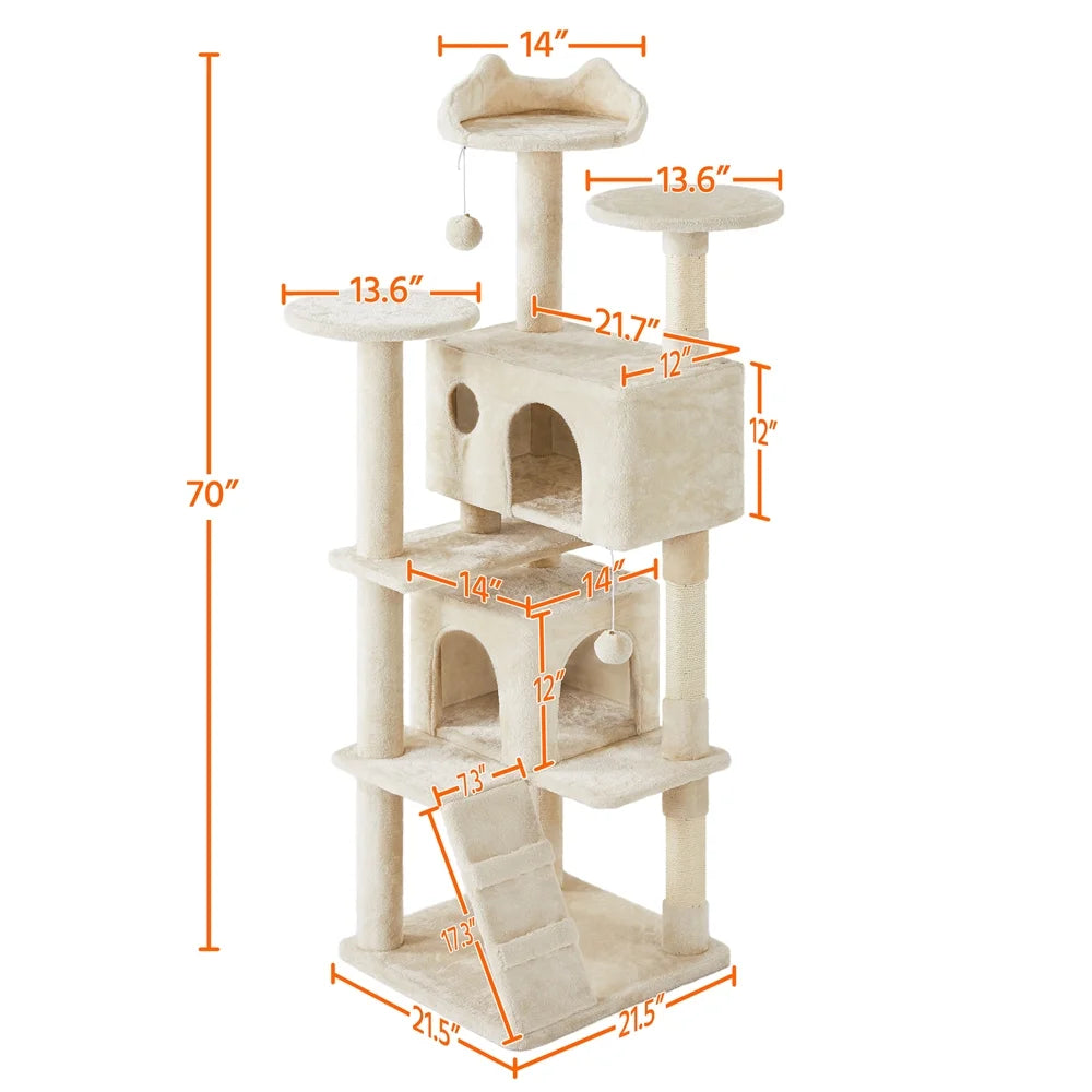 70" Multilevel Cat Tree with Double Condo - Beige